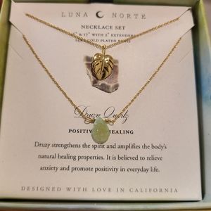 2 PC LUNA NORTE DRUSY QUARTZ GEMSTONE & GOLD PLATED LEAF CHARM NECKLACES